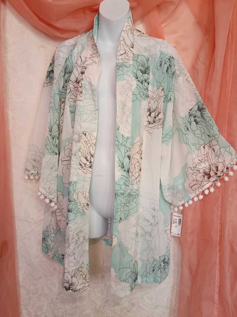 Westport Ladies Mint and White Floral Pom-Pom Kimono Sz XL